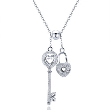 Romantic Silver Jewelry CZ Key & Locker Sterling Silver Pendant Necklace